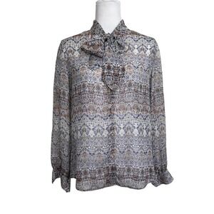 L'AGENCE Blouse Silk Printed tie Detail Sheer Blue Tan Size S